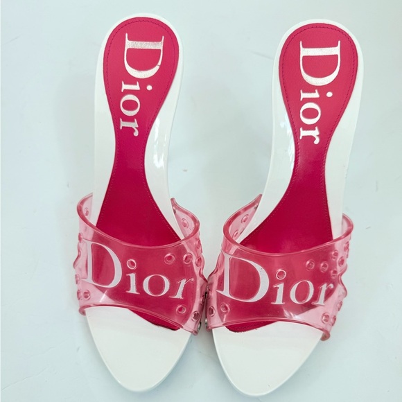 Christian Dior Vintage Pink PVC Logo High Heel Mules Sandals White Stiletto EU37 - Picture 2 of 7